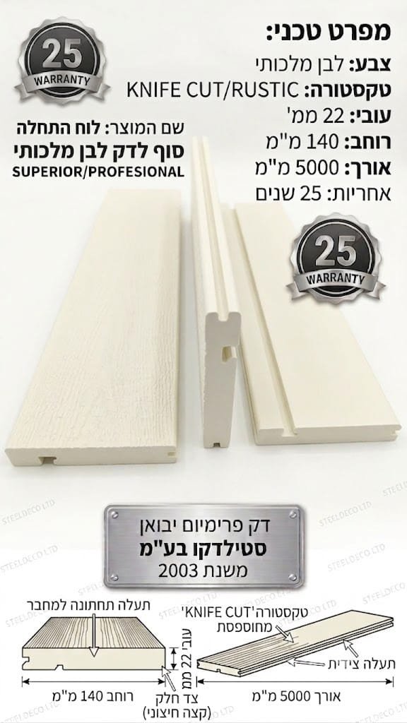לוח התחלה וסוף לדק סינטטי בטקסטורת KNIFE CUT RUSTIC בגוון לבן רויאל ROYAL WHITE ROC Decking